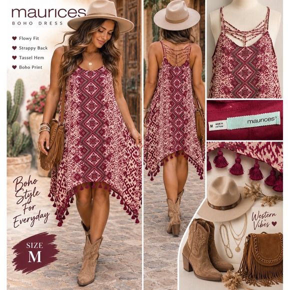Maurices Dresses & Skirts - Maurices Women Burgundy Geometric Tribal Print Tassel Handkerchief dress M